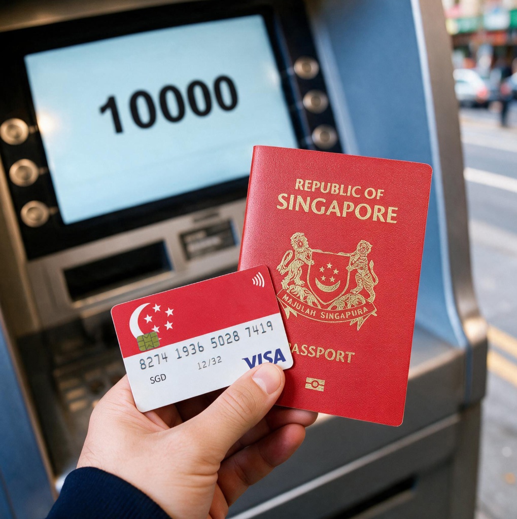 Singapore Passport, Bank Card and ATM displaying balance